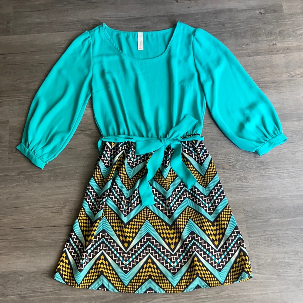 Teal and navy long sleeve a-line dress